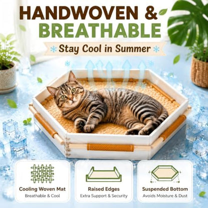 Cooling Cat Bed Handwoven Cat Basket with Removable Cooling Mat & Play Rope