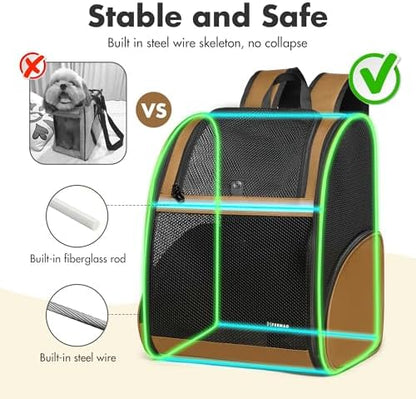 Pet Backpack Carrier, Large Cat Carrier Backpack Up to 20 Lbs with Breathable Mesh, for Medium Large Cats or Small Dogs, Travel Hiking Camping Backpack (Brown-XL)