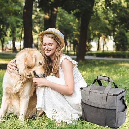 Dog Travel Bag - Cat and Dog Storage Organizer with Pockets, Mat, 2 Food Containers, and 2 Large Collapsible Travel Pet Bowls by PETMAKER (Gray)