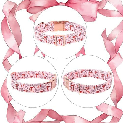 Pink Dog Collar for Female Small Dogs - Cute Bow Pattern Girl Dog Collar for Spring Summer, Adjustable Heavy Duty Pet Valentines Collars with Metal Buckle S