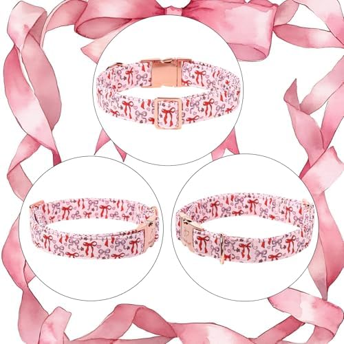 Pink Dog Collar for Female Large Dogs - Cute Bow Pattern Girl Dog Collar for Spring Summer, Adjustable Heavy Duty Pet Valentines Collars with Metal Buckle L
