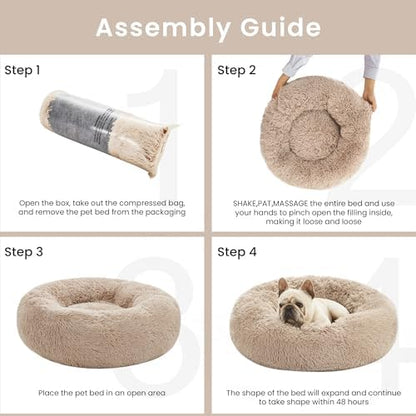 Love's cabin Calming Cat Bed for Indoor Cats, Anti-Anxiety Donut Round Dog Bed,Fluffy Faux Fur Washable Pet Bed for Small Medium Dogs and Cats, Taupe, 24in