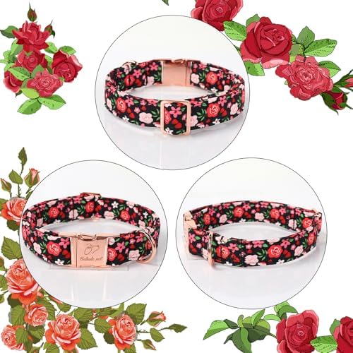 Floral Dog Collar - Rose Red Wild Flowers Pattern Cute Puppy Collar, Adjustable Winter Holiday Metal Buckle Dog Collars for Small Medium Large Dogs L