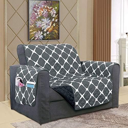 Elegant Comfort Luxury Bloomingdale Pattern Reversible 2-Tones Quilted Furniture Protector Slipcover with Smart Pockets and Elastic Straps, Great for Pets and Kids, Black/Gray, Chair