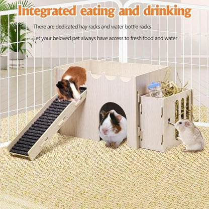 kathson Wood Guinea Pig Hideout Small Rabbit Hideout with Water and Hay Feeder Ramp, Easy to Assemble Wooden Hamster House for Small Animal Bunny Chinchilla Rat Hedgehog with 2xGuinea Pig Cage Liners