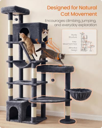 Feandrea Large Cat Tree, 74.1" Tall Sturdy Cat Tower for Indoor, Dark Gray