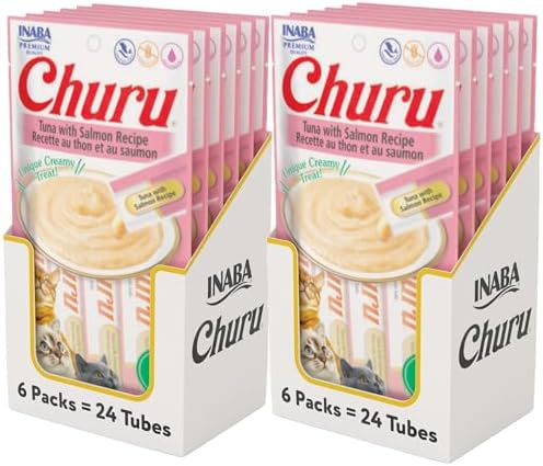 INABA Churu Cat Treats, Grain-Free, Lickable, Squeezable Creamy Purée Cat Treat/Topper with Vitamin E & Taurine, 0.5 Ounces Each Tube, 48 Tubes (4 per Pack), Tuna with Salmon Recipe