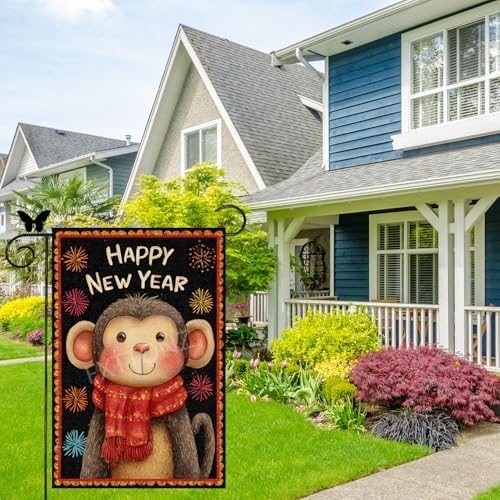 Happy New Year Garden Flag 12x18 Double Sided Vertical Linen Small Fireworks Monkey House Flag Welcome Holiday Winter House Outdoor Outside Decorations (27182)