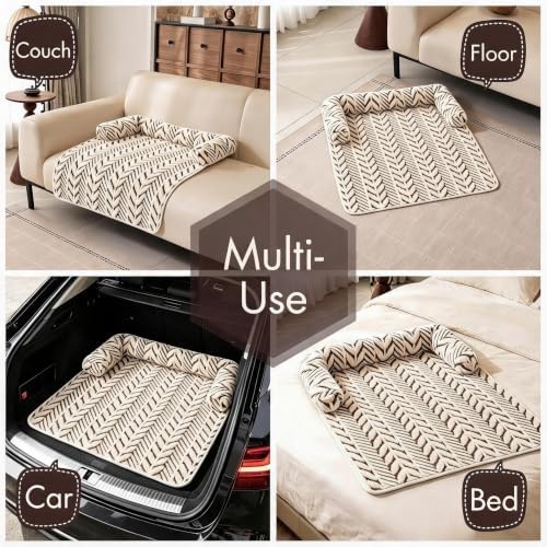 Calming Dog Couch Bed Mats with Neck and Head Support, Fluffy Plush Pet Sofa Cover for Small Medium Dogs and Cats, Non-Slip Bottom, Machine Washable