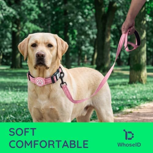 Airtag Dog Collar and Leash Set,Reflective Ultra-Durable Nylon Padded With QR Buckle & IP68 Waterproof Air Tag Holder Compatible for Apple AirTag, Comfortable for Small Medium Large Dogs (Pink Set,XS)