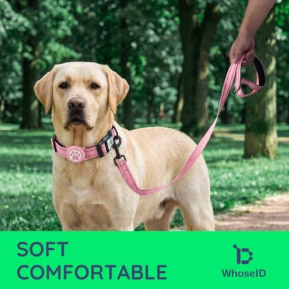 Airtag Dog Collar and Leash Set,Reflective Ultra-Durable Nylon Padded With QR Buckle & IP68 Waterproof Air Tag Holder Compatible for Apple AirTag, Comfortable for Small Medium Large Dogs (Pink Set,XS)