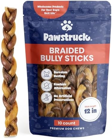 Pawstruck Natural 12” Braided Bully Sticks for Dogs - Tough, Long-Lasting, Rawhide-Free, Low Odor, Healthy Single Ingredient Chew Treat for Aggressive Chewers - 10 Count - Packaging May Vary