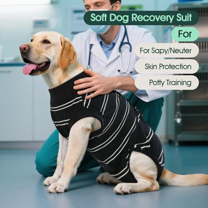 Kuoser Dog Surgery Recovery Suit, Soft Breathable Dog Recovery Suit for Female Spay Male Nueuter, Anti Licking Puppy Onesie Pet Surgical Suit for Dogs Abdominal Wounds Skin Disease, Black Strips S