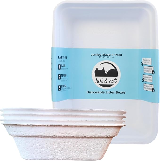 Luli & Cat Disposable Litter Box | Jumbo Sized White Colored 4-Pack | Durable and Water Resistant