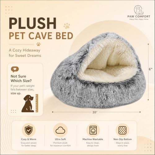 ShinHye Cat Bed Round Plush Fluffy Hooded Cat Bed Cave, Cozy for Indoor Cats or Small Dog beds, Soothing Pet Beds Doughnut Calm Anti-nxiety Dog Bed - Waterproof Bottom Washable (20×20inch, Grey)