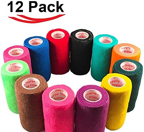 3 Inch Vet Wrap Tape Bulk (Assorted Colors) (Pack of 12) Self Adhesive Adherent Adhering Flex Bandage Grip Roll for Dog Cat Pet Horse