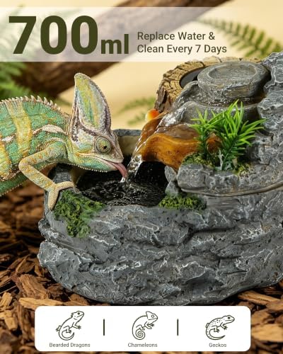 Reptile Water Fountain 700ML with Food Dish for Geckos, Bearded Dragons