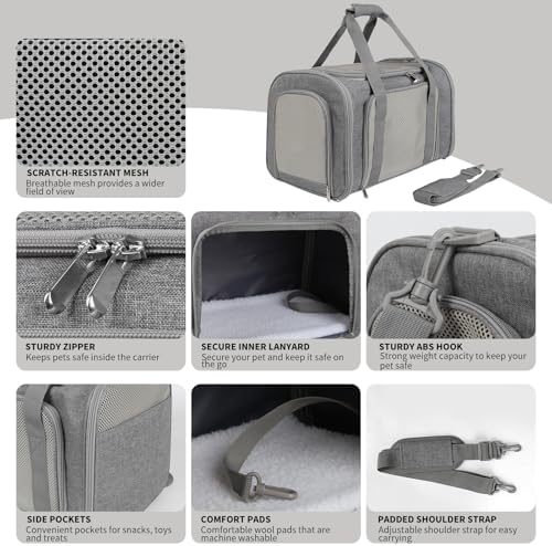 Cat Carrier, Soft-Sided Airline Approved Pet Carrier Case with 4 Ventilated Windows for Cats and Dogs Under 10-25Lbs (17.0 L x 11.0 W x 11.0 H Inch, Grey)