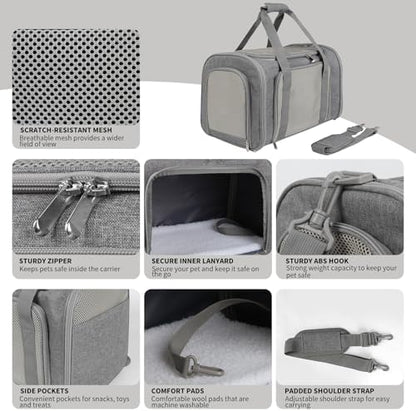 Cat Carrier, Soft-Sided Airline Approved Pet Carrier Case with 4 Ventilated Windows for Cats and Dogs Under 10-25Lbs (17.0 L x 11.0 W x 11.0 H Inch, Grey)