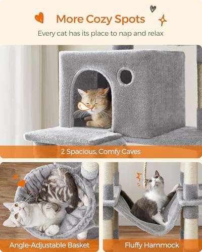 Feandrea Cat Tree, 81.1-Inch Large Cat Tower, Multi-Level Condo, Light Gray