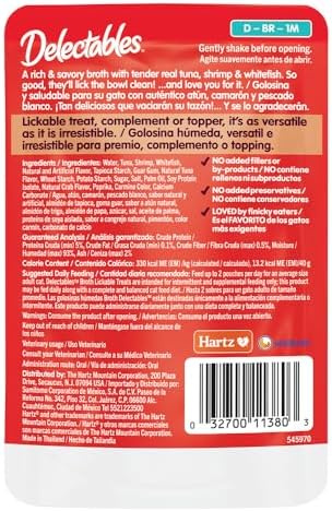 Delectables Lickable Treat Savory Broth Wet Cat Treat with Real Tuna & Shrimp, Food Topper, Hydrating, Grain-Free, No Fillers, No By-Products, No-Added Preservatives, 1.4oz Pouch (Pack of 24)