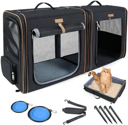 Lekereise Extra Large Cat Carrier for 2 Cats, 2-in-1 Cat Travel Carrier with Litter Box, (20.85" x2) x19.7"x19.7" Pet Carrier with Zipper Locks for Moving Across The Country (No Hammock) - Black