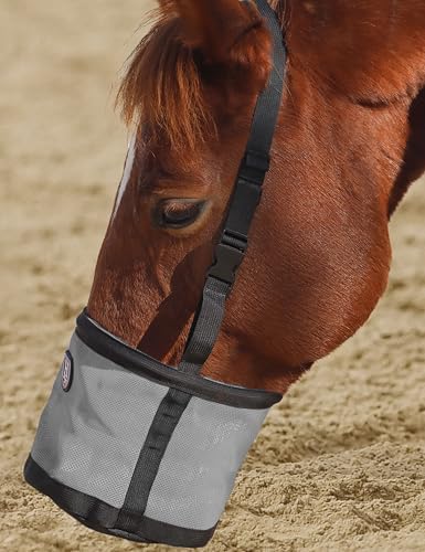 Harrison Howard Horse Muzzle Feed Bag Nylon Mesh Grain Feed Bag with Padded Neck Strap Adjustable Belt Dark Gray Large