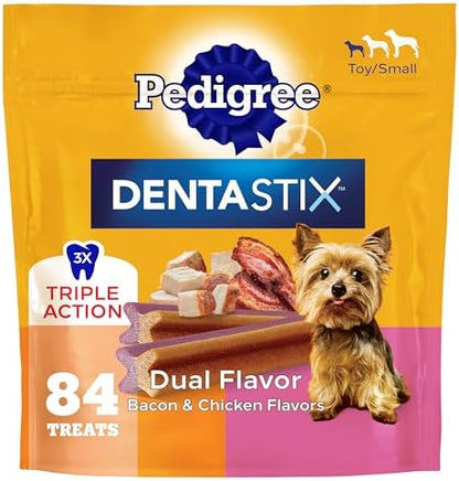Pedigree Dentastix Small & Toy Dental Dog Treats, Bacon & Chicken, 84 Count