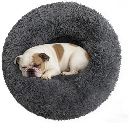 Calming Donut Dog Bed Medium Size Dog - Washable Removable Cover Non-Slip Bottom, Round Pet Bed Cat Bed Warming Fluffy Plush Faux Fur Anti-Anxiety, Fits up to 45 lbs (Dark Grey, 30")