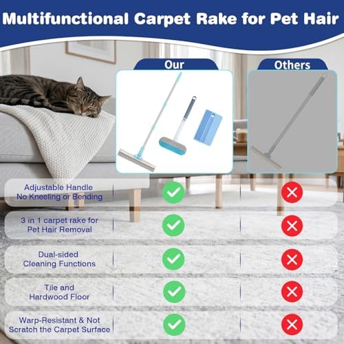 Carpet Rake for Pet Hair Removal: Adjustable 54" Handle No Bending