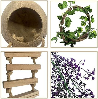 Crested Gecko Coconut Hut with Ladder,Bearded Dragon Coco Den Reptile Shell Hideout Husk Hut Climbing Plants Leaves Tank Accessories for Lizard Chameleon Snakes