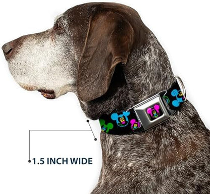 Buckle-Down Seatbelt Buckle Dog Collar - Mickey Mouse Expressions Scattered Black/Multi Neon - 1.5" Wide - Fits 13-18" Neck - Small
