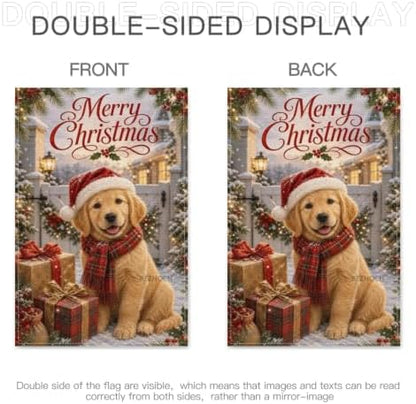 Merry Christmas Garden Flag 12x18 Inch Golden Retriever Santa Hat Plaid Scarf Gift Boxes Snowy Farmhouse Outdoor Yard Lawn Front Porch Welcome Double Sided Banner Decor