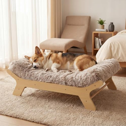 Muihood Elevated Wood Dog Bed Frame with Foam Mattress, WoodPattern, M