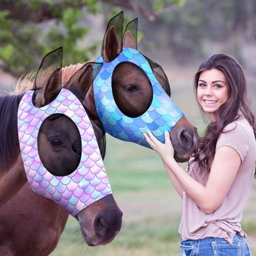 Weewooday 2 Pieces Horse Fly Masks for Horses Soft Fly Masks for Ears Smooth and Elasticity Mask with UV Protection(Mermaid,L)