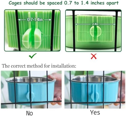 kathson Crate Dog Bowl, Removable Stainless Steel Hanging Pet Kennel Cage Bowl Food & Water Feeder Coop Cup for Puppy, Cat, Rabbit, Guinea Pigs Ferret Bird (2 PCS, Size: M, Blue and Green) (Pack of 2)