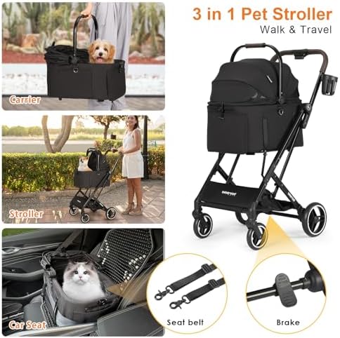 X2 Pet Stroller Dog Cat Stroller for Small Pets Detachable Carrier, Black