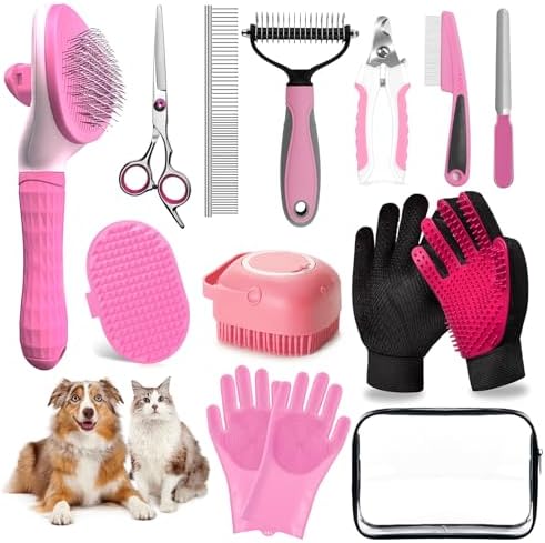 Dog Brush for Shedding 13pcs Bath Grooming Kit with Pet Nail Clipper and File - Dog Bath Brush Cat Grooming Supplies, Dematting Comb Bath Brush Shampoo Scrubber for Dogs and Cats