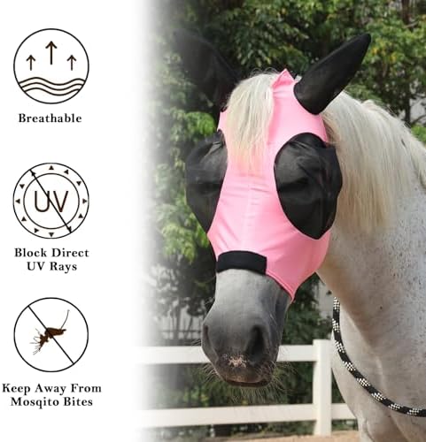Stretchy Horse Fly Mask with Ears, Large Eye Space Pink Pony