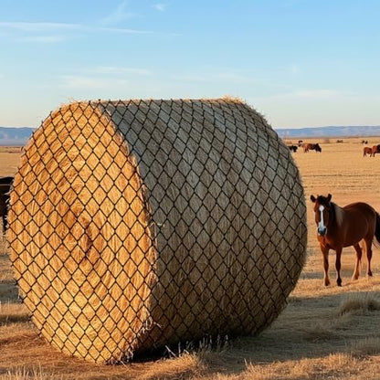 5x5ft Round Bale Hay Net for Horses, Heavy Duty Slow Feed Hay Net with 1.6" Mesh, Black Nylon Hay Feeder for Horses, Cattle, Goats, Includes Free Repair Kit, Reduce Waste