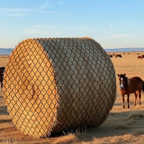 5x5ft Round Bale Hay Net for Horses, Heavy Duty Slow Feed Hay Net with 1.6" Mesh, Black Nylon Hay Feeder for Horses, Cattle, Goats, Includes Free Repair Kit, Reduce Waste