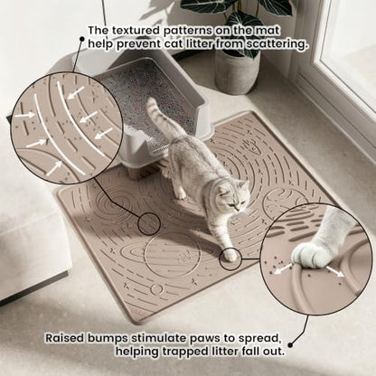 OHMO Cat Litter Mat Large Litter Box Mat, 31.5x23.6 Beige, Premium BPA-Free Silicone Rubber Kitty Litter Mat for Litter Box, High Edge Scatter Control Non-Slip Waterproof Litter Trapping Mat