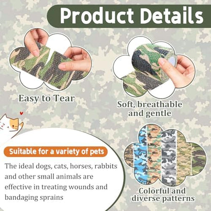 6 Pack 2 Inch x 5 Yards Camouflage Pet Vet Wrap for Dogs, Cats, Horses, Colorful Non-Woven Self-Adhesive Cohesive Bandage Rolls Set for Wound Care, Ankle Sprains, Swelling, and First Aid Protection