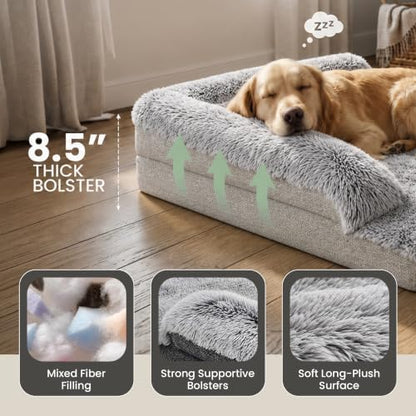 Corner Dog Bed XL, 42" Calming Fluffy Orthopedic Pet Beds, Beige