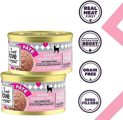 I AND LOVE AND YOU Wet Cat Food - Savory Salmon Pâté - Salmon Recipe, Grain Free, Filler Free, 3oz Pack of 4 Cans