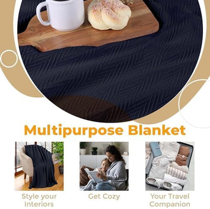 Superior Metro All-Season Cotton Blanket, Woven Blanket for Couch, Bed, Bedding, Farmhouse, Home Essentials, Cute and Cozy Bohemian Blankets, Herringbone Weave, Twin Size, Navy Blue