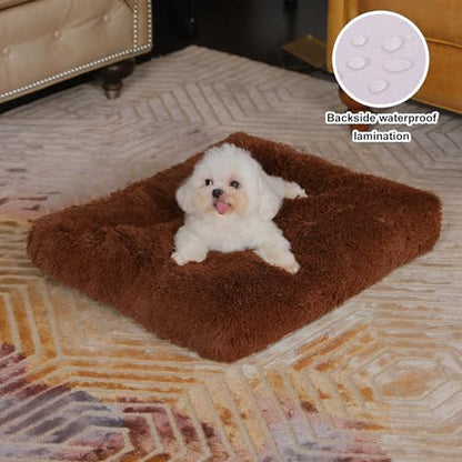 Bedfolks Waterproof Dog Crate Bed, Plush Dog Pad, 21"x13", Solid Brown