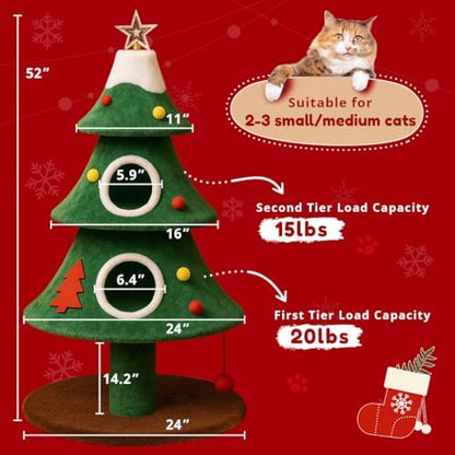 LUCKLIFE 52" Christmas Cat Tree with 2 Cozy Houses,Indoor Modern Cat Tower with Anti-Tip Kit,Plush Perches & Hanging Balls,Holiday Cat Climbing Furniture for Kittens to Play and Sleep