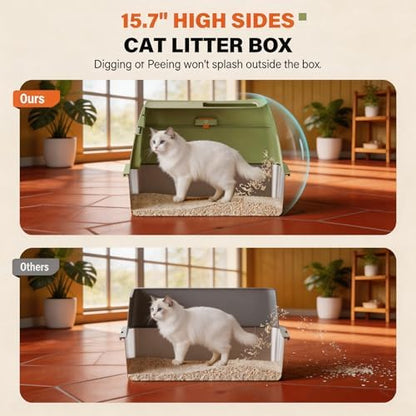 Extra Large Enclosed Stainless Steel Litter Box with lid，Front Entry Top Exit High Sided Metal cat Litter Pan，Non-Stick Easy Cleaning Anti-Urine Leakage for Big Cats，Includes Mat, Scoop & Step, Green
