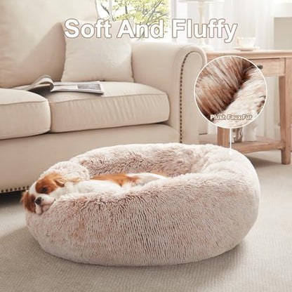 30 inches Faux Fur Fluffy Donut Dog Bed for Medium Dogs,Brown